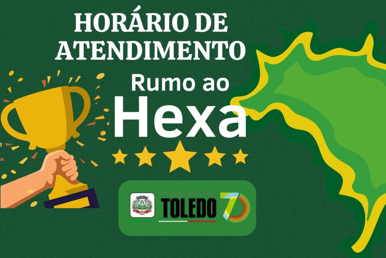 Haverá mudança no horário de atendimento ao público na Prefeitura e nos serviços municipais nos dias de jogos da Seleção Brasileira, 24 e 28 de novembro e 02 de dezembro