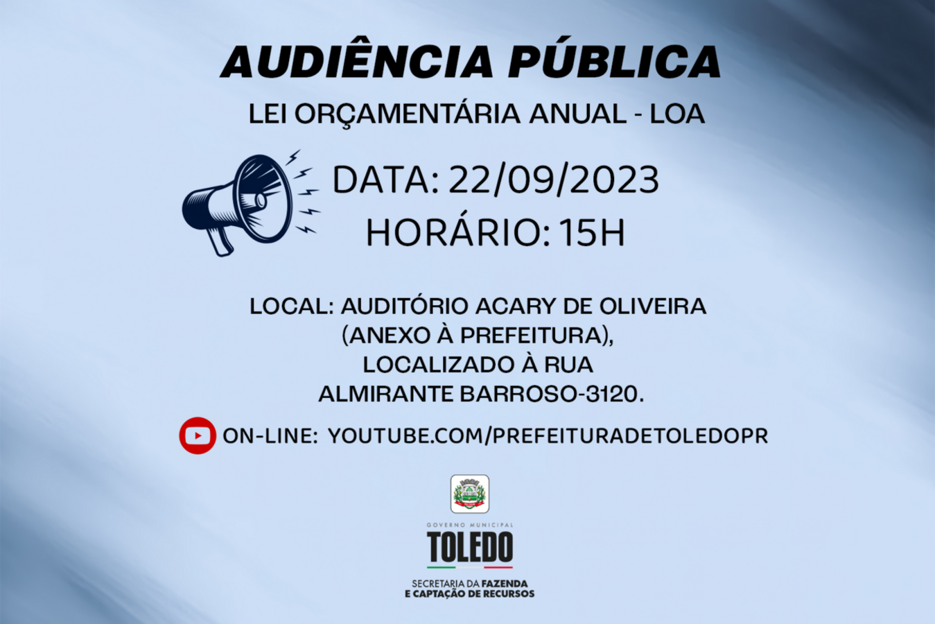 Realizado de forma presencial e remota, evento no Auditório Acary Oliveira inicia-se às 15h; cidadãos já podem enviar propostas à Lei Orçamentária Anual pela internet