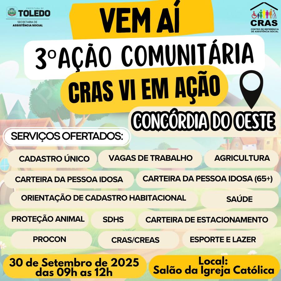 O salão da Igreja Católica do distrito de Concórdia do Oeste receberá, no dia 30 de setembro, a 3ª Ação Comunitária CRAS VI em Ação