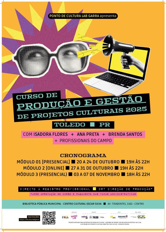 Durante os dias 20 de outubro a 7 novembro a Biblioteca Pública Municipal será palco do curso de gestão e produção cultural, oficina que visa desenvolver a capacidade de compreensão e atuação nos processos da produção cultural