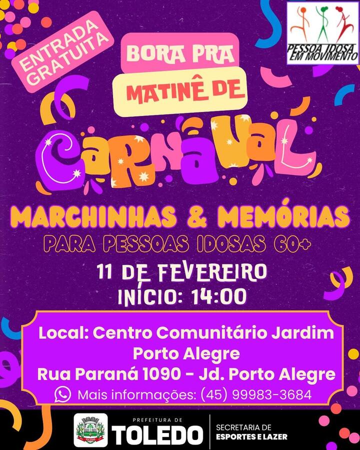A Secretaria de Esportes e Lazer, por meio do Departamento de Atendimento à Pessoa Idosa, realizará um carnaval para pessoas idosas no dia 11 de fevereiro