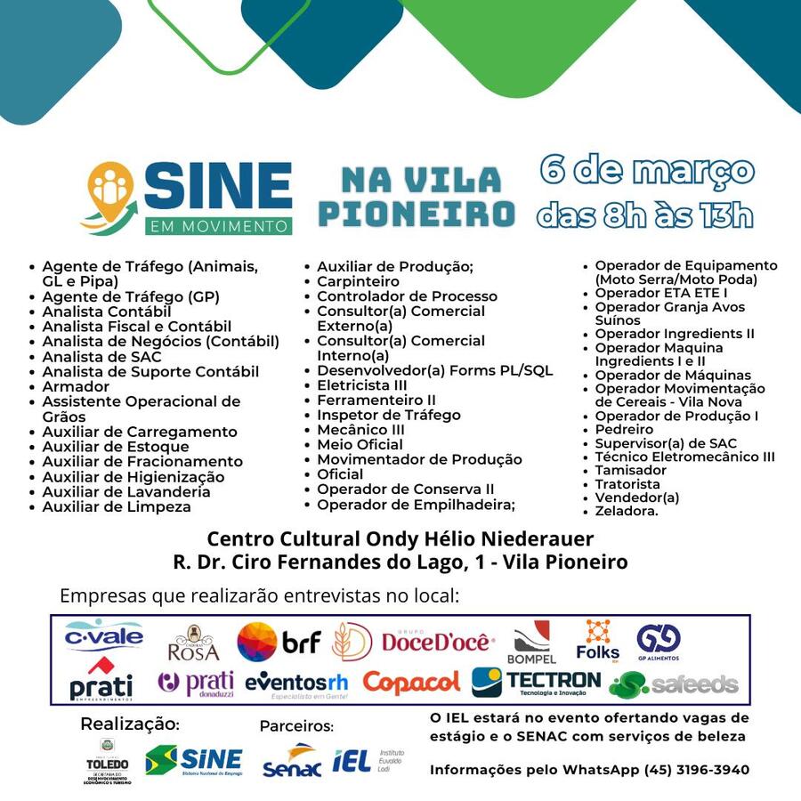 O Sine em Movimento chega nesta sexta-feira (6) à Vila Pioneiro e oferta diversas vagas de emprego para a população, impulsionando a economia local