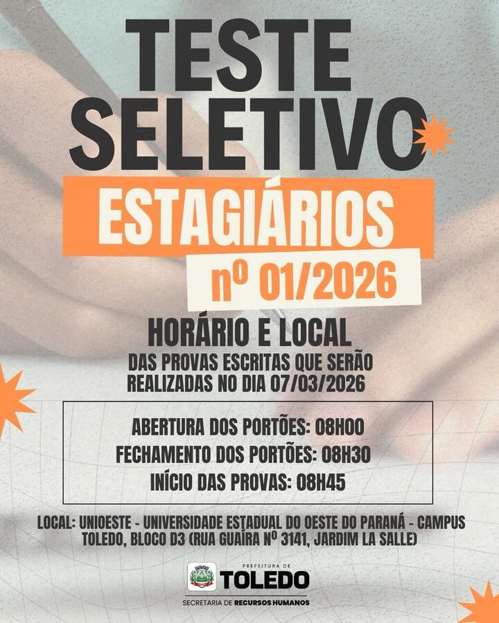 Com abertura dos portões prevista para às 8h e fechamento às 8h30, a prova será na Unioeste campus Toledo no Bloco D3 e contou com mais de 200 inscritos