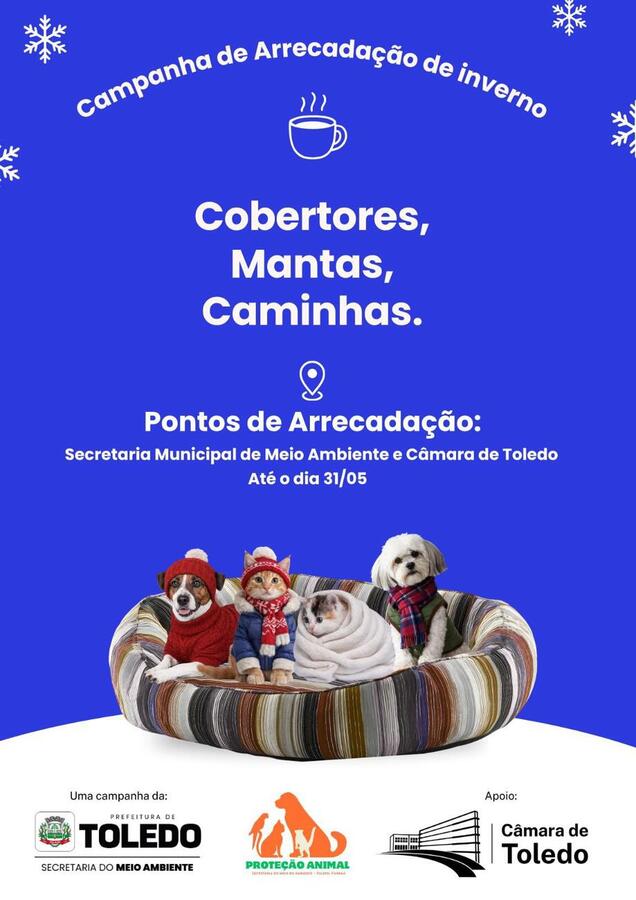 Voltada para abrigos, ONGs e animais comunitários, a campanha recebe doações de mantas, cobertores e camas até dia 31 de maio
