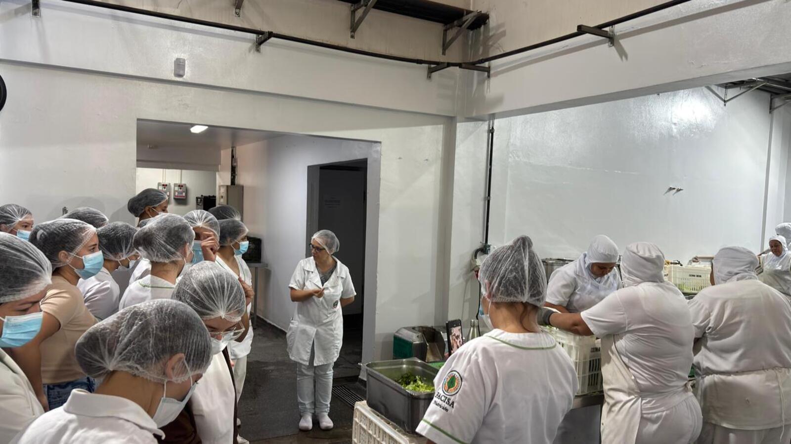 Quinze alunos e três professores do curso de nutrição de Salto del Guairá observam o funcionamento e protocolos de produção de alimentos do município