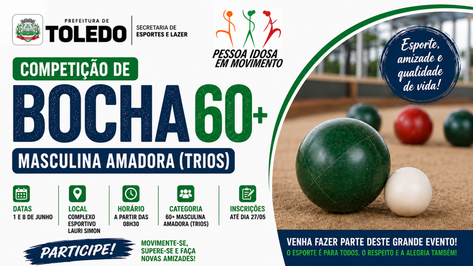 Evento acontecerá nos dias 1 e 8 de junho, às 08h30, no Centro Esportivo Lauri José Simon