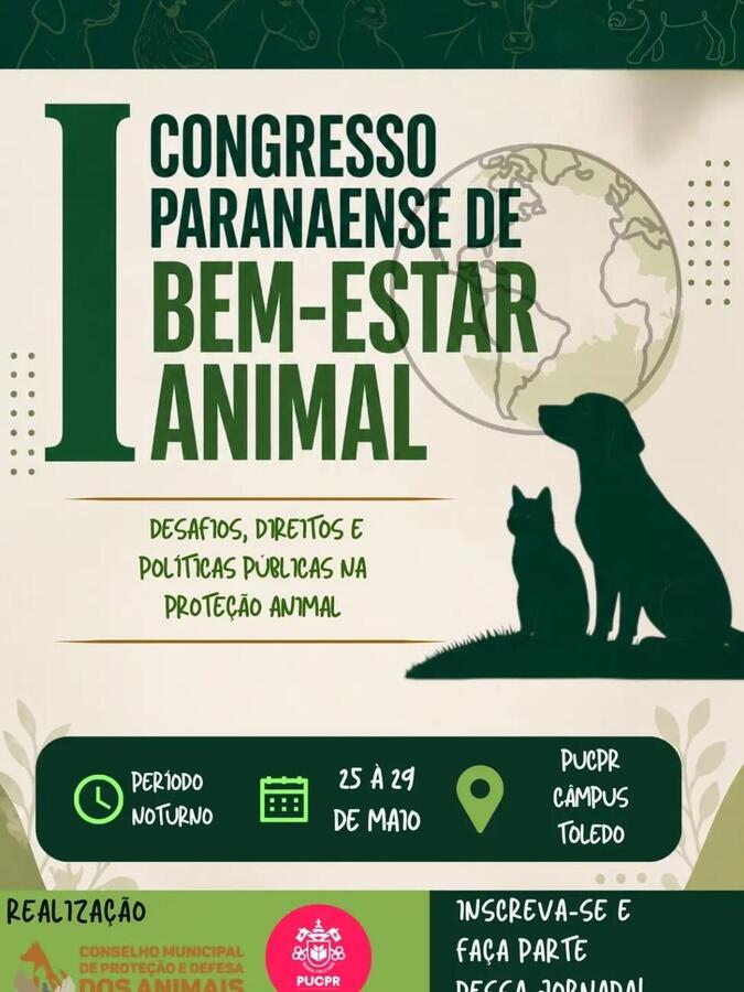 O Conselho Municipal de Proteção e Defesa dos Animais e a Pontifícia Universidade Católica do Paraná (PUCPR) promovem durante os dias 25 a 29 um congresso sobre os desafios, direitos e políticas públicas na proteção animal