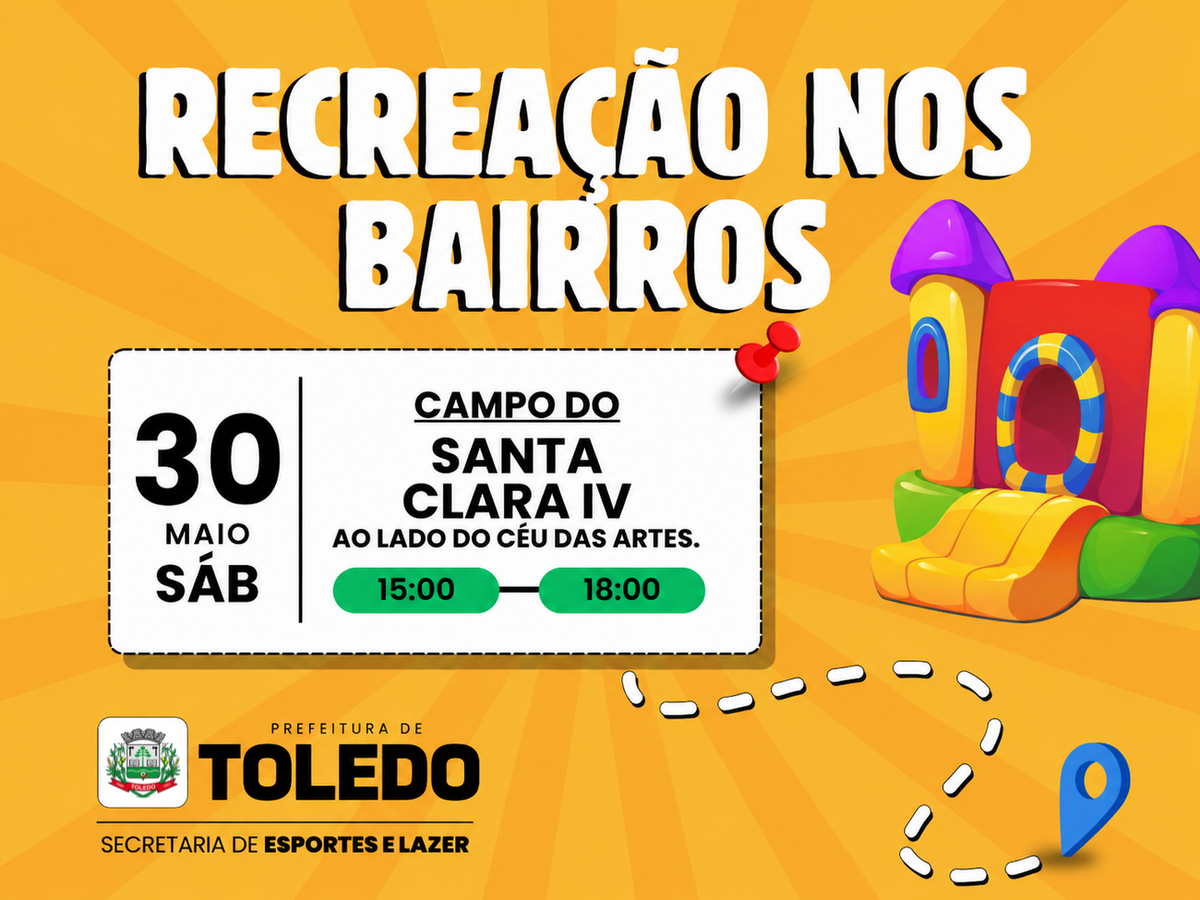 O evento, gratuito e aberto para a população, contará com brinquedos infláveis e cama elástica para as crianças