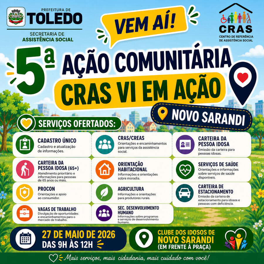 A ação será na próxima quarta-feira (27) das 9h às 12h no Clube de Idosos de Novo Sarandi e contará com orientações e encaminhamentos para diversos serviços municipais
