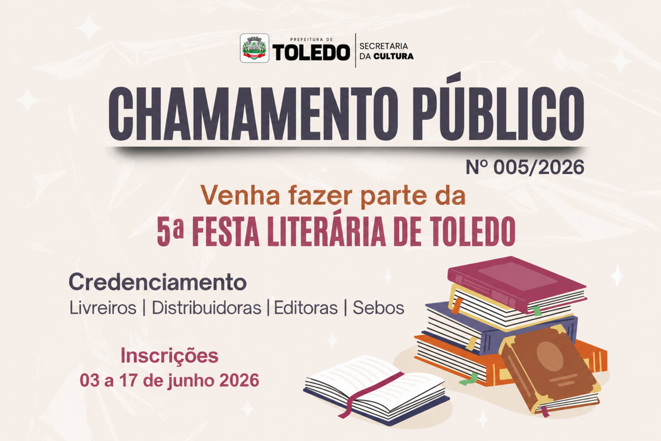 Livreiros, distribuidores, editoras ou sebos que desejarem comercializar durante a Feira do Livro da 5ª Festa Literária de Toledo podem participar do certame