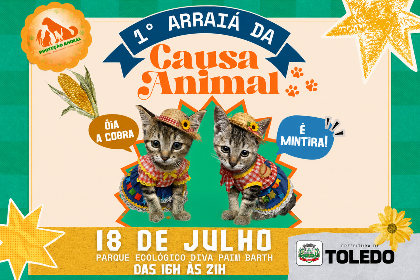 Com comidas típicas, brincadeiras, sorteios e show, festa julina promovida por três entidades e Departamento de Proteção e Defesa Animal ocorrerá das 16h às 21h