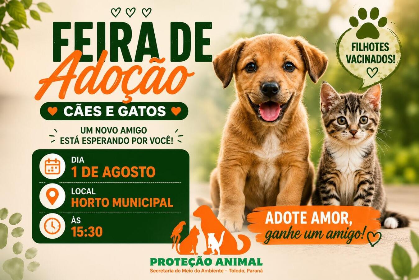 Evento da Coordenação de Defesa e Proteção Animal, da Secretaria do Meio Ambiente, será realizado às 15h30; filhotes disponíveis já estarão vacinados
