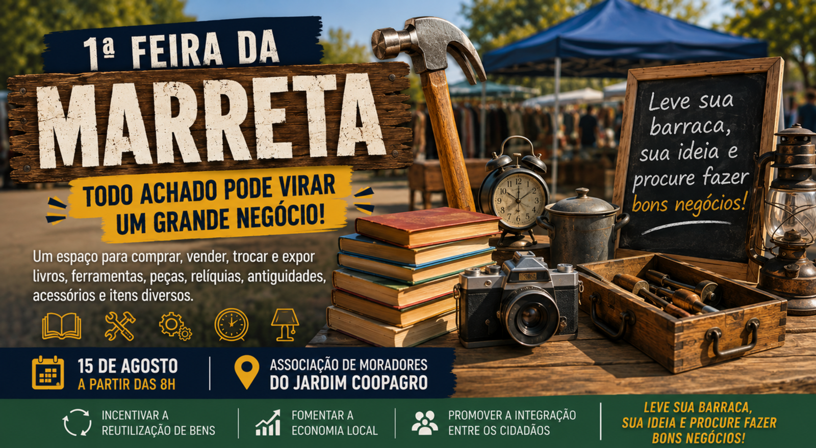 Evento será espaço para compra, venda, troca e exposição de livros, ferramentas, antiguidades, peças e objetos diversos