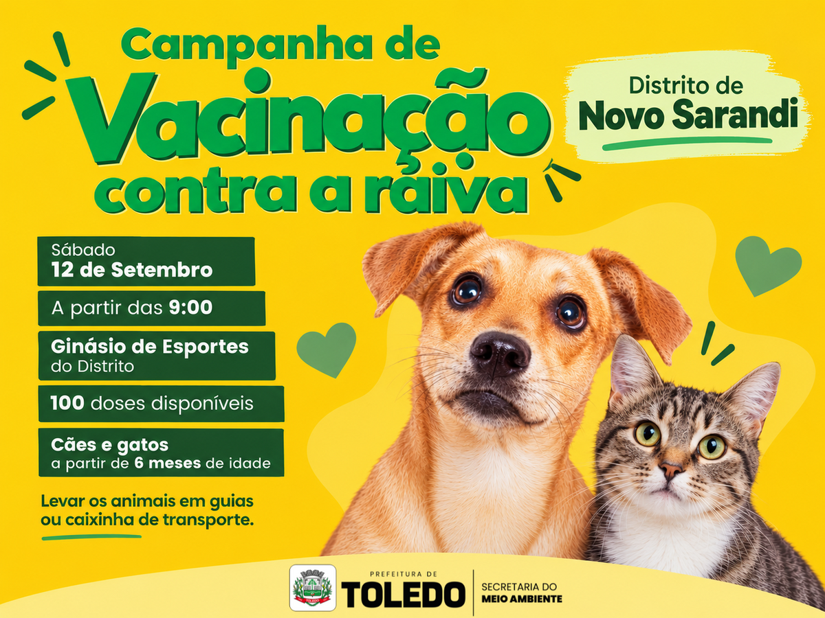 Ação será realizada no Ginásio de Esporte, a partir das 9h, com 100 doses disponíveis para animais a partir de seis meses