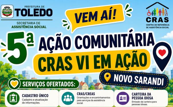 A ação será na próxima quarta-feira (27) das 9h às 12h no Clube de Idosos de Novo Sarandi e contará com orientações e encaminhamentos para diversos serviços municipais