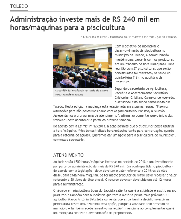 ADMINISTRAÇÃO INVESTE MAIS DE R$ 240 MIL EM HORAS/MÁQUINAS PARA A PISCICULTURA EM 20