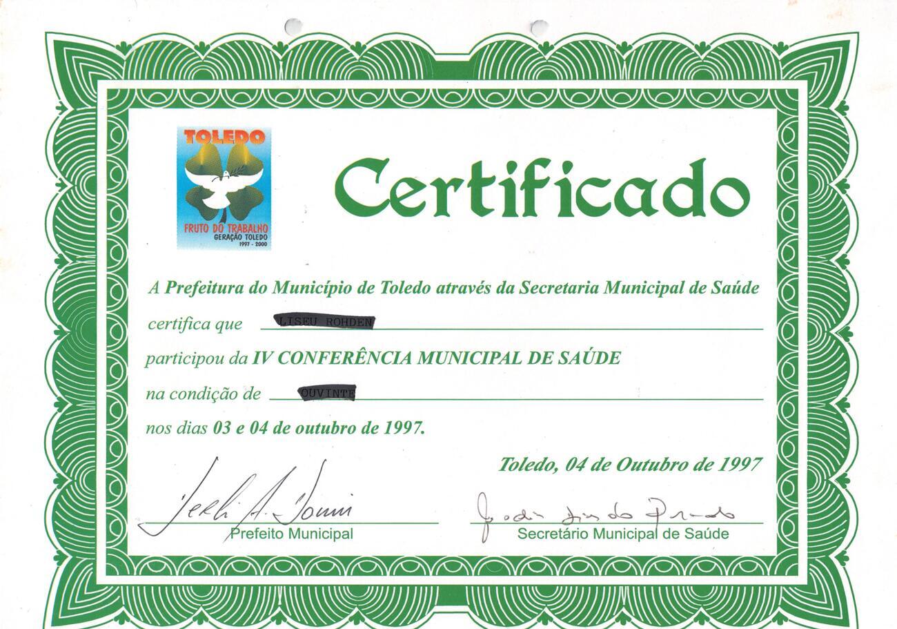 IV Conferência Municipal de Saúde 1997 - Certificado