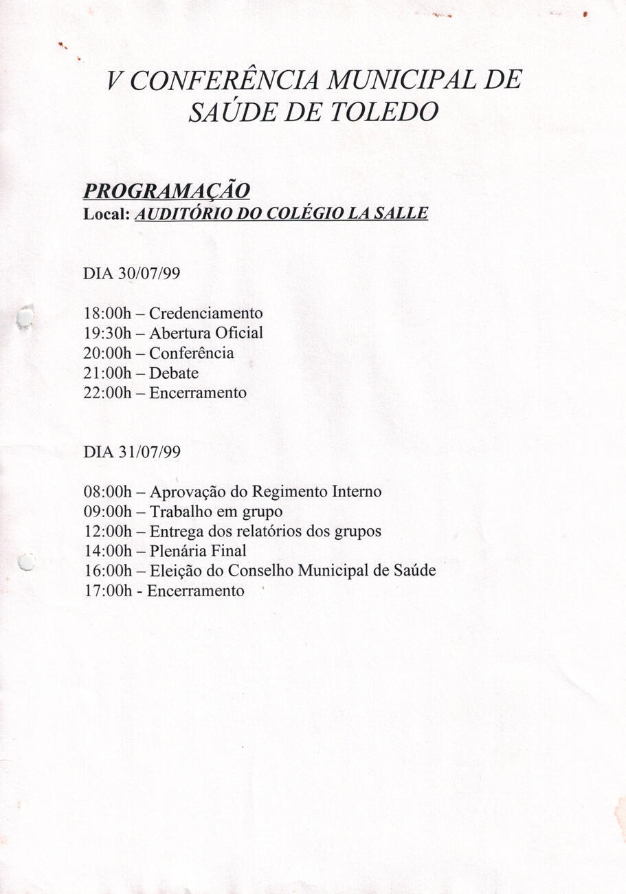 V Conferência Municipal de Saúde 1999 - Programação