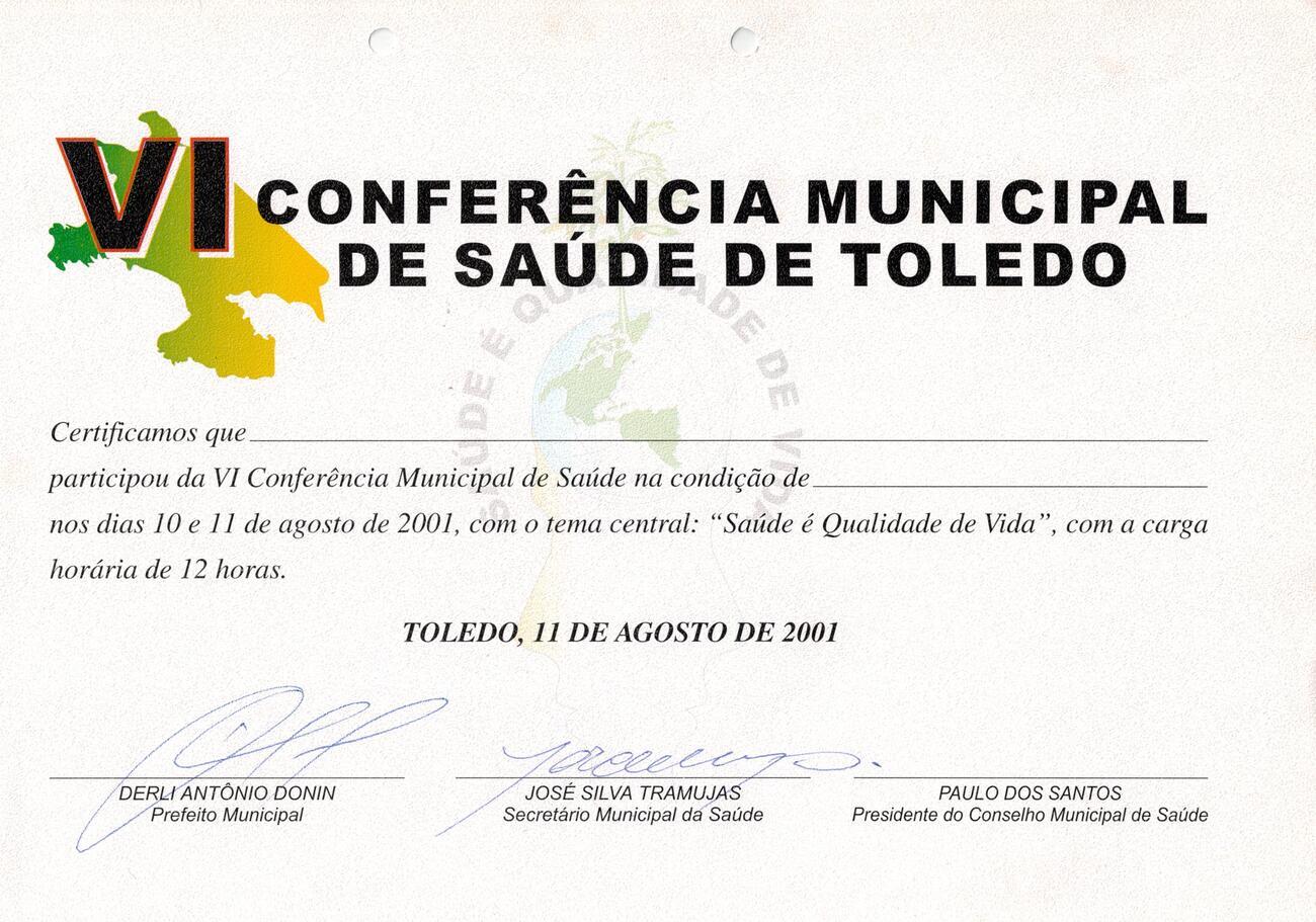 VI Conferência Municipal de Saúde 2001 - Certificado