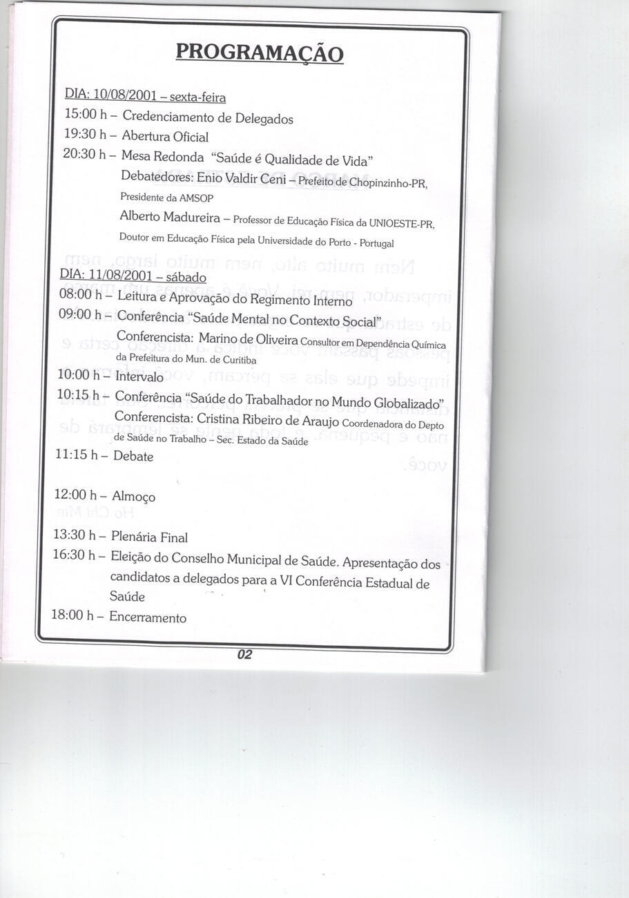 VI Conferência Municipal de Saúde 2001 - Programação