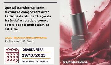 No dia 29 de outubro a Secretaria da Cultura estará promovendo o curso “Traços da Essência”, uma experiência que transforma cores, texturas e emoções em arte