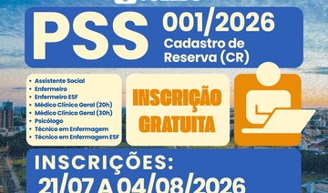 Inscrições seguem de 21 de julho a 4 de agosto para formação de cadastro de reserva em oito funções