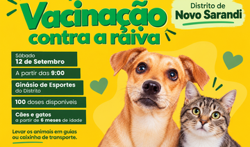 Ação será realizada no Ginásio de Esporte, a partir das 9h, com 100 doses disponíveis para animais a partir de seis meses
